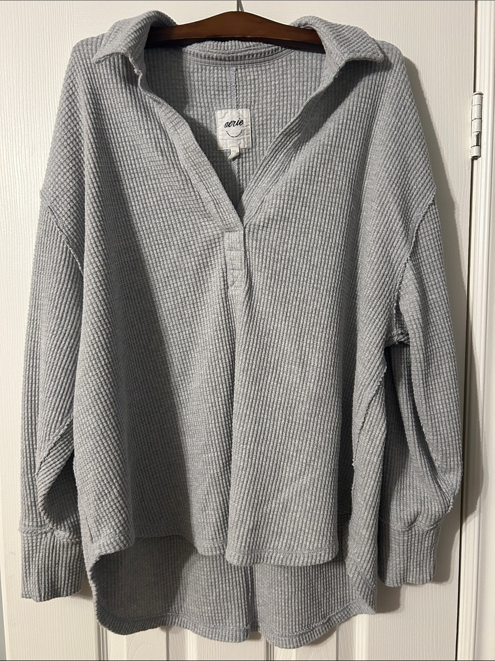 aerie Light Gray Collared V-Neck Waffle Knit Pullover